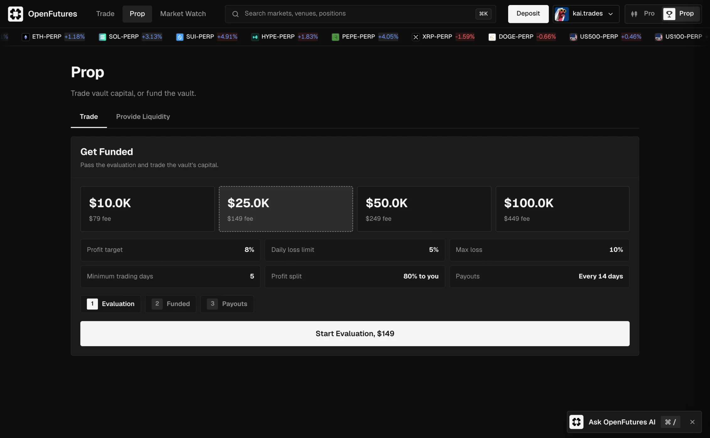 The Prop screen with evaluation account sizes and rules